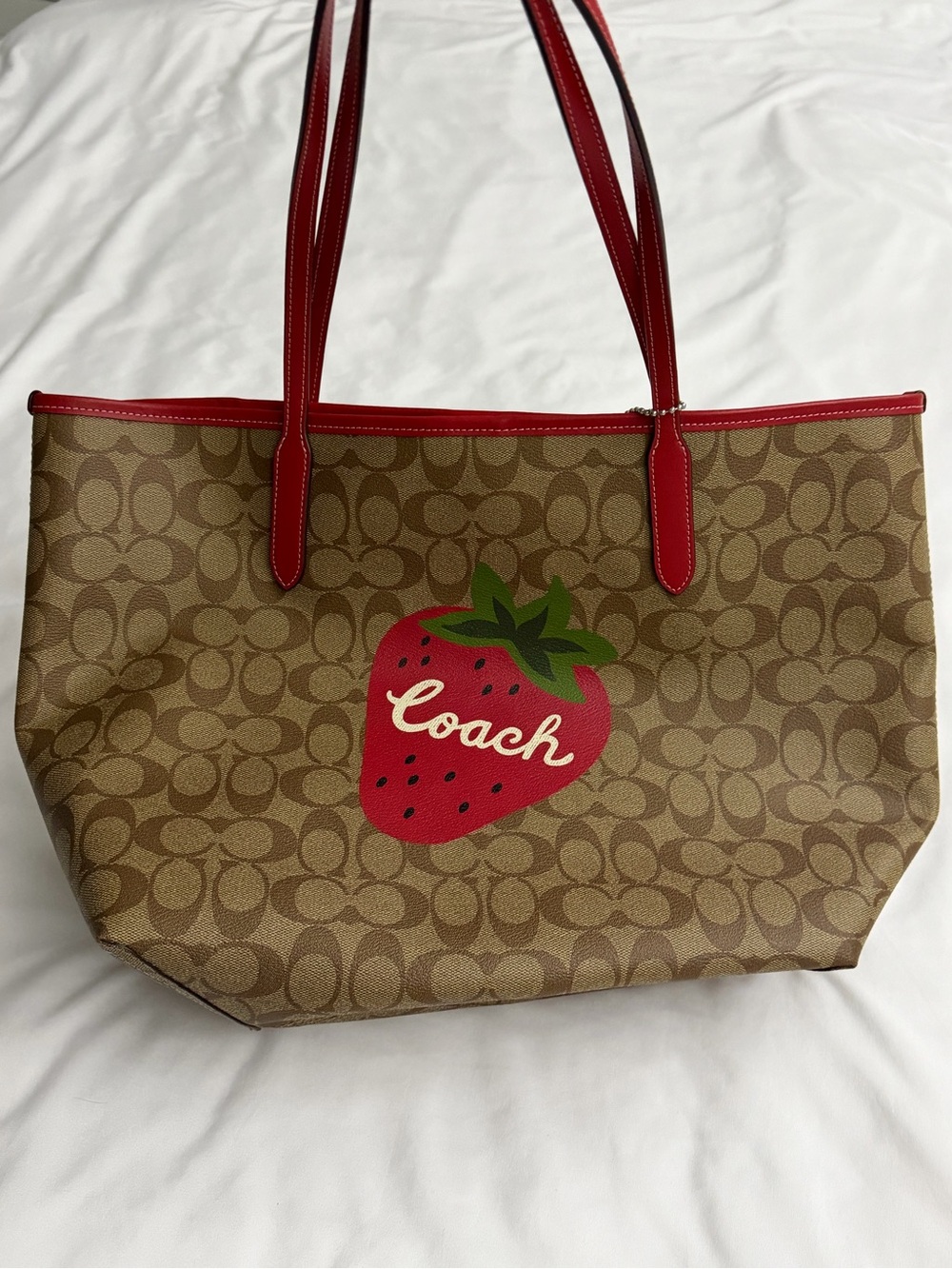 Coach Brown Signature Tote with Red Trim and Strawberry Motif
